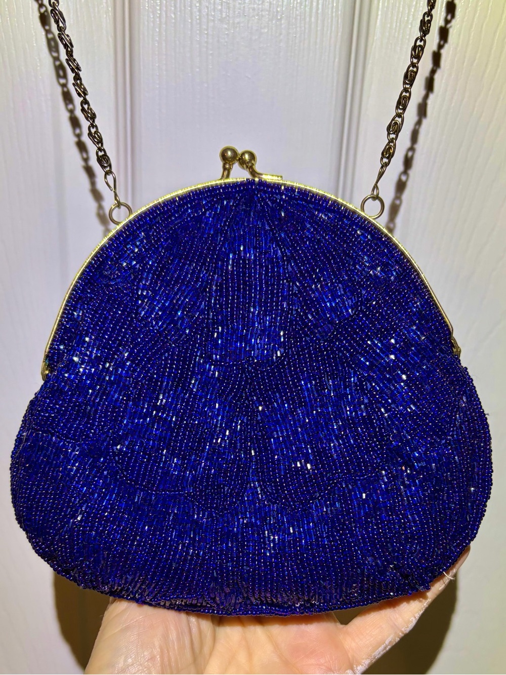 NWT Walborg Navy Blue Beaded Evening Crossbody Evening Bag with Gold Chain